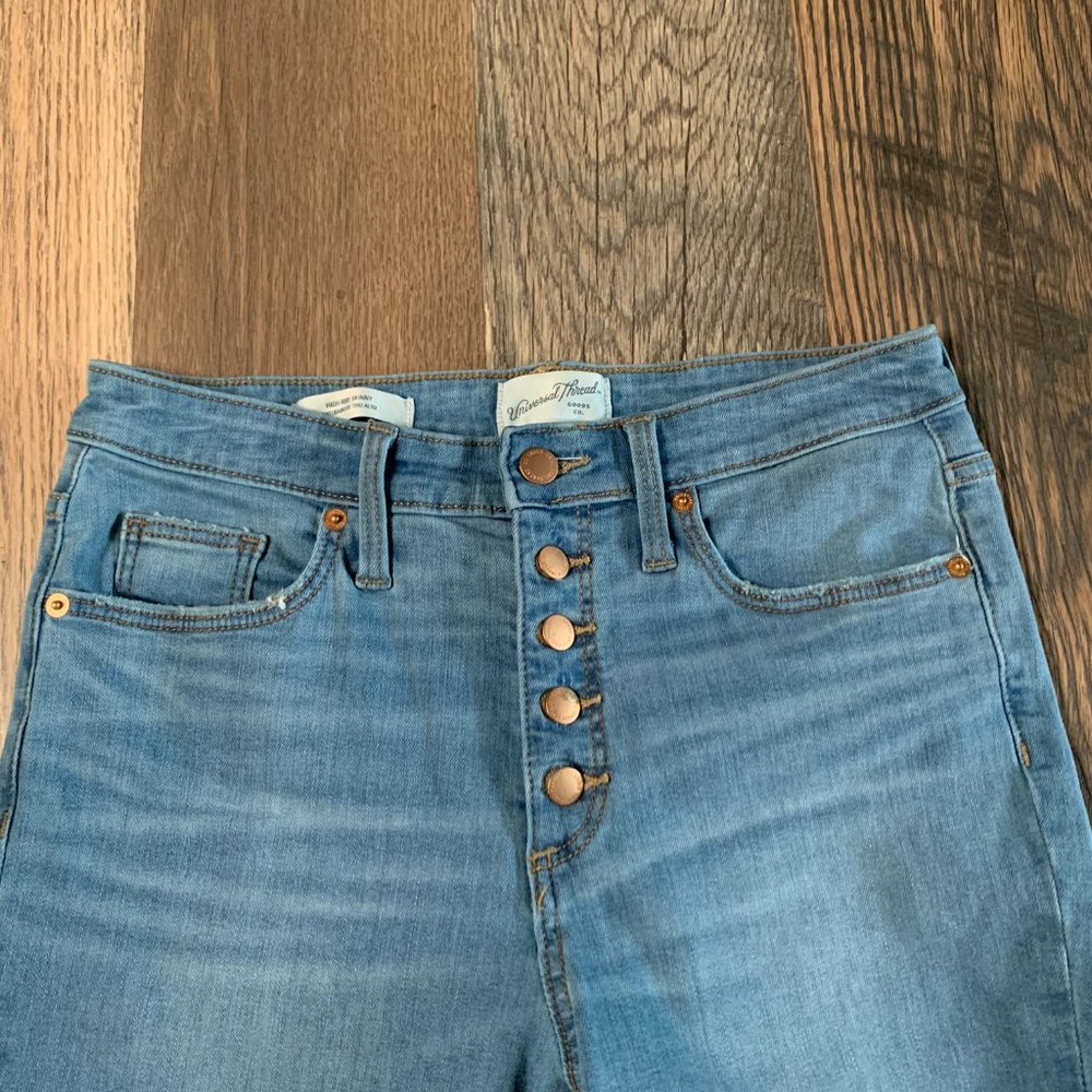 Universal Thread Button Fly Distressed Skinny Jea… - image 3